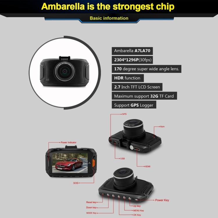 GS90C Car DVR Camera 2.7 inch LCD Screen HD 2304 x 1296P 170 Degree Wide Angle Viewing, Support Motion Detection / TF Card / G-Sensor / HDMI, GS90C GS90C Car DVR Camera 2.7 inch LCD Screen HD 2304 x 1296P 170 Degree Wide Angle Viewing, Support Motion Detection / TF Card / G-Sensor / HDMI, GS90C